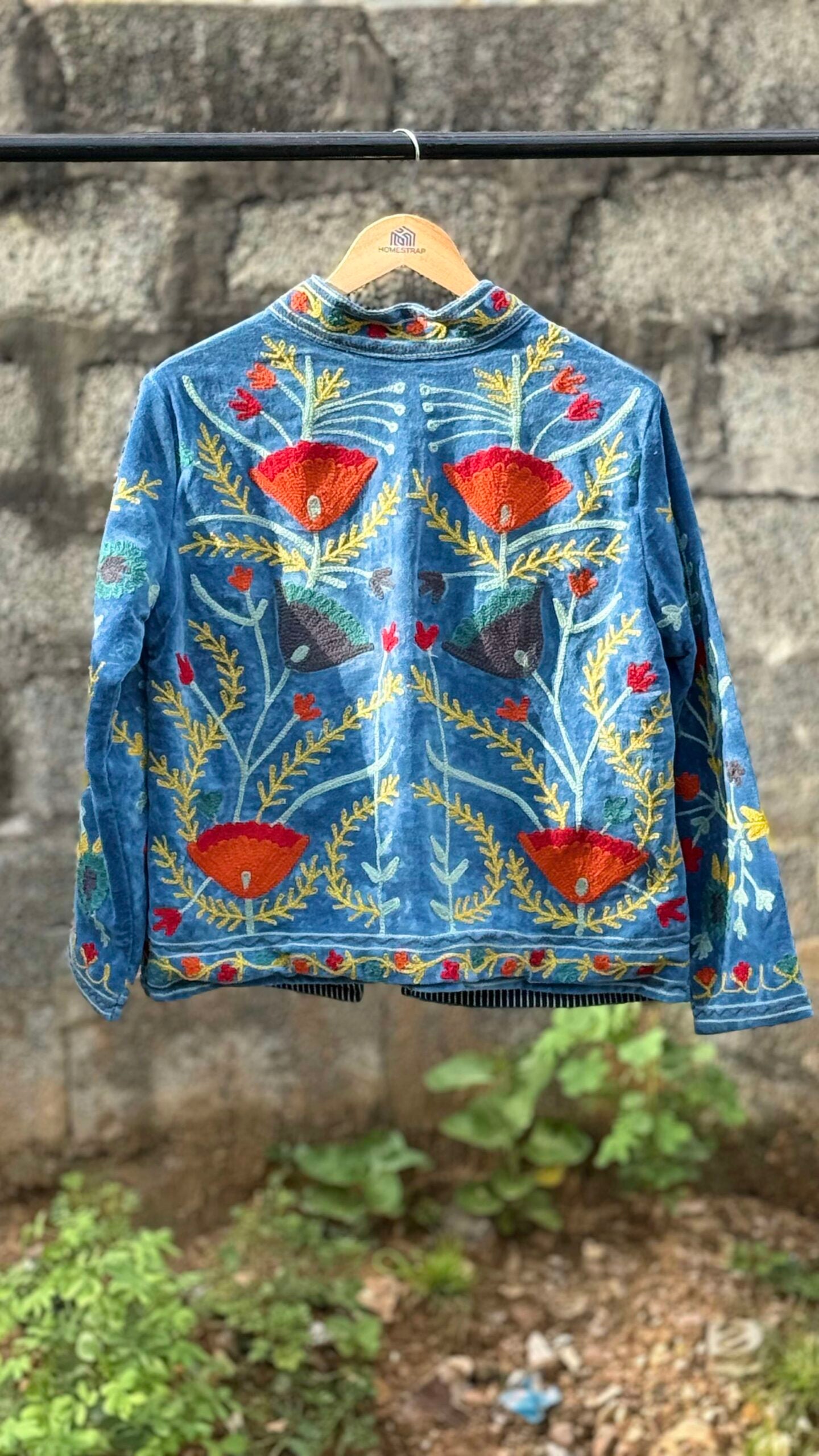 Womens Light Sky Blue Velvet Embroidered Jacket with Floral Design