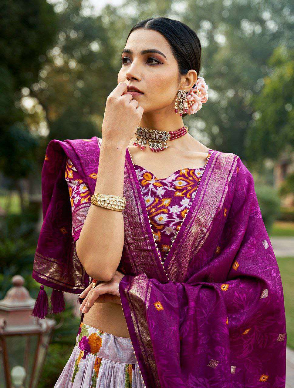 Women's Patola Print Tussar Silk Lehenga Choli Dupatta Set