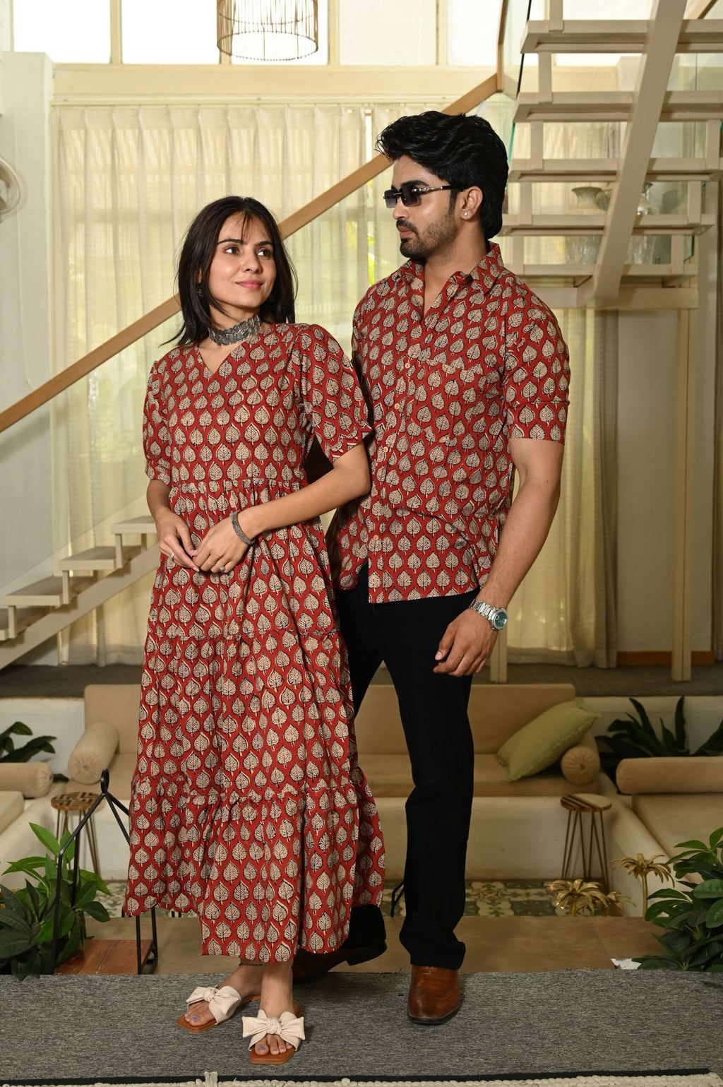 Couple Matching Red Cotton Anarkali Midi Dress and Shirt Set ? Gold Leaf Block Print