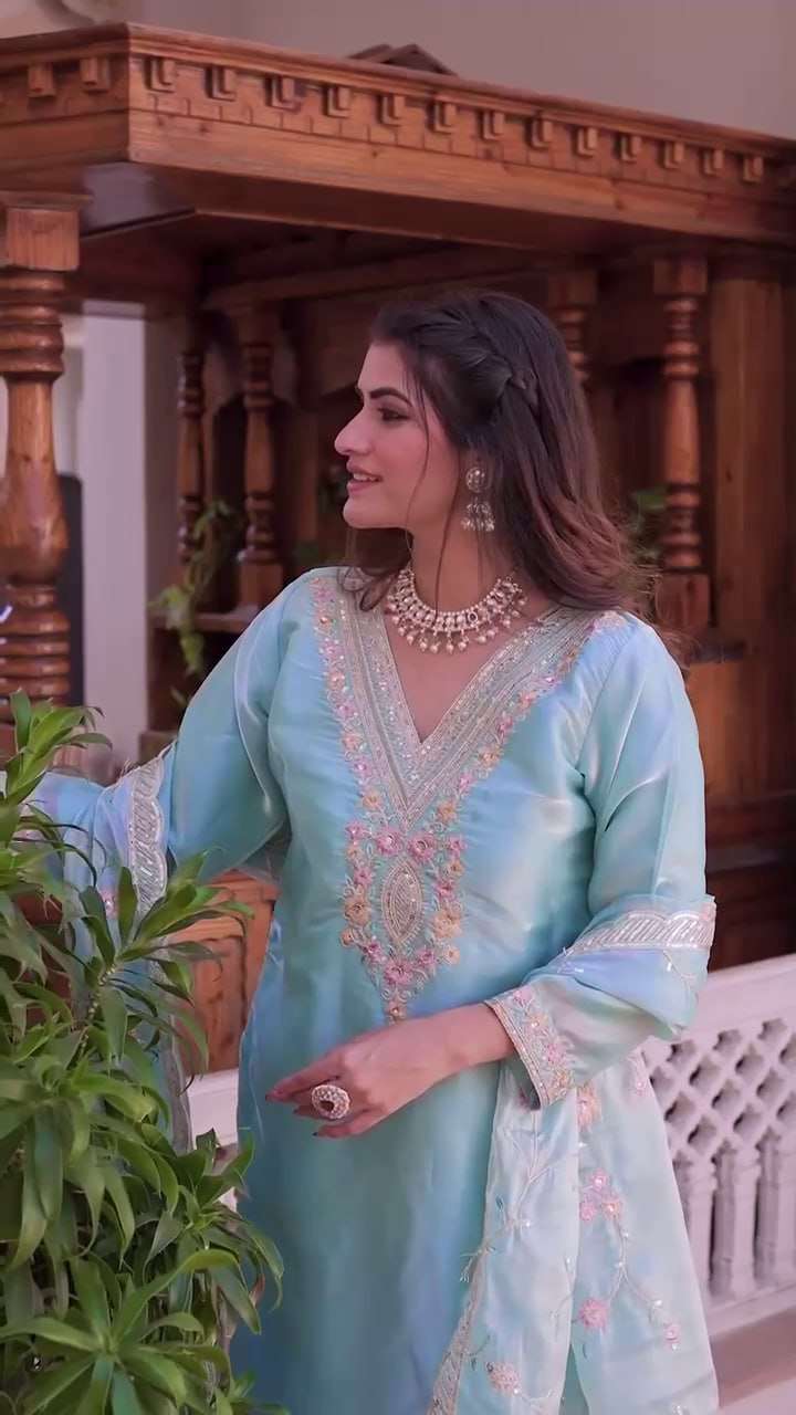 Women's Silk Heavy Embroidery Sequence Work Top-Bottom Straight Kurti With Pant and Dupatta set