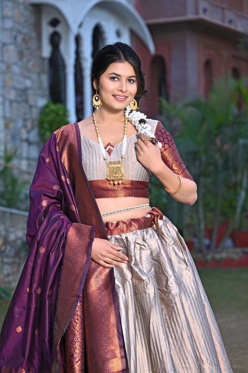 Women's Tussar Silk Patola Print Lehenga Choli Dupatta Set