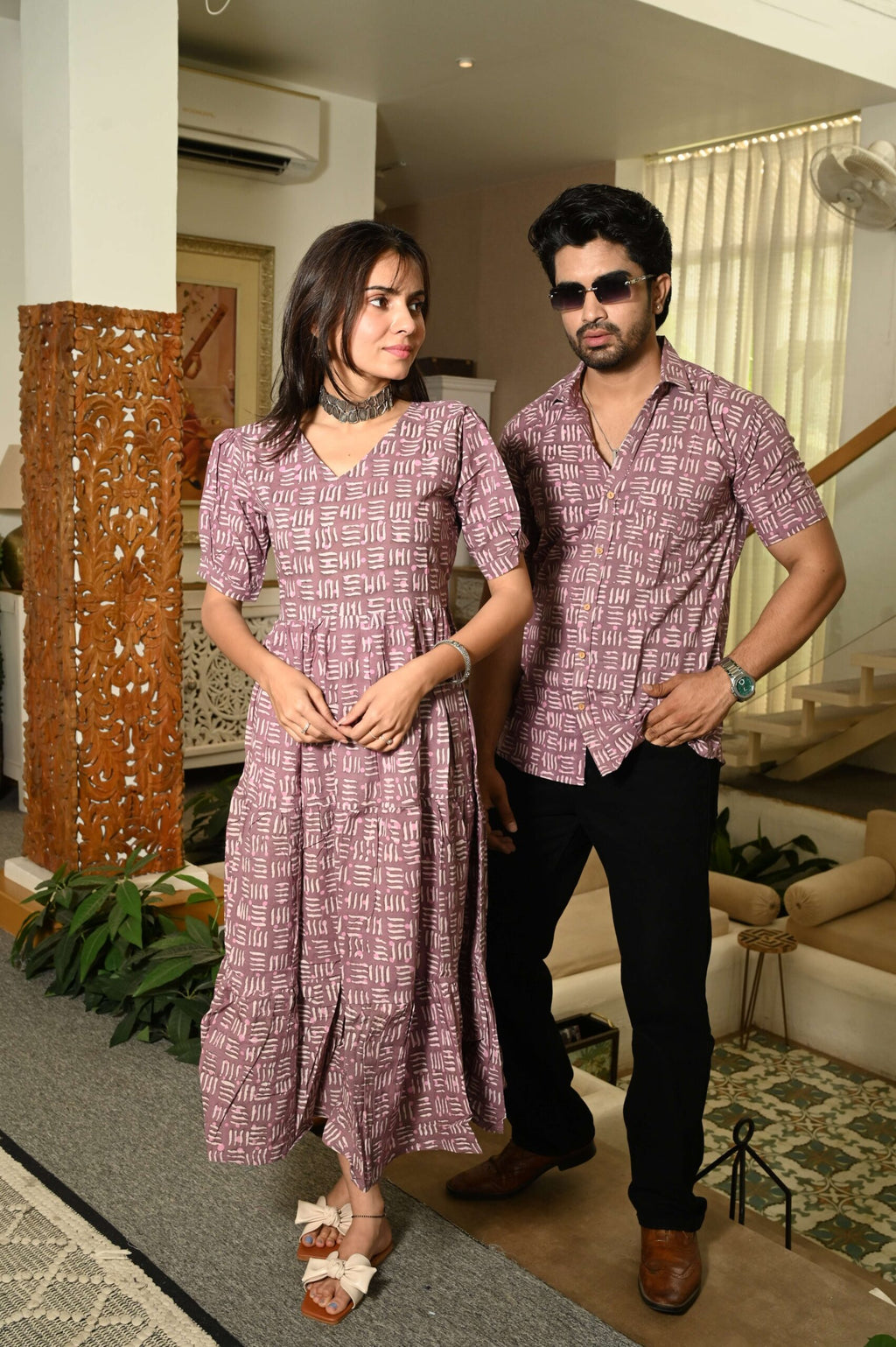 Couple Matching Mauve Cotton Anarkali Midi Dress and Shirt Set ? Abstract Line Print