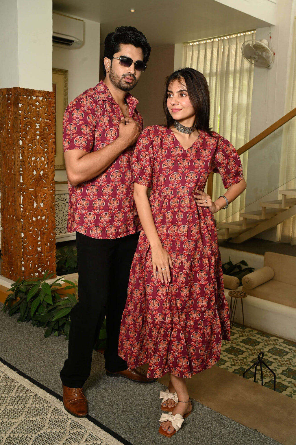 Couple Matching Red Cotton Anarkali Midi Dress and Shirt Set ? Floral Block Print