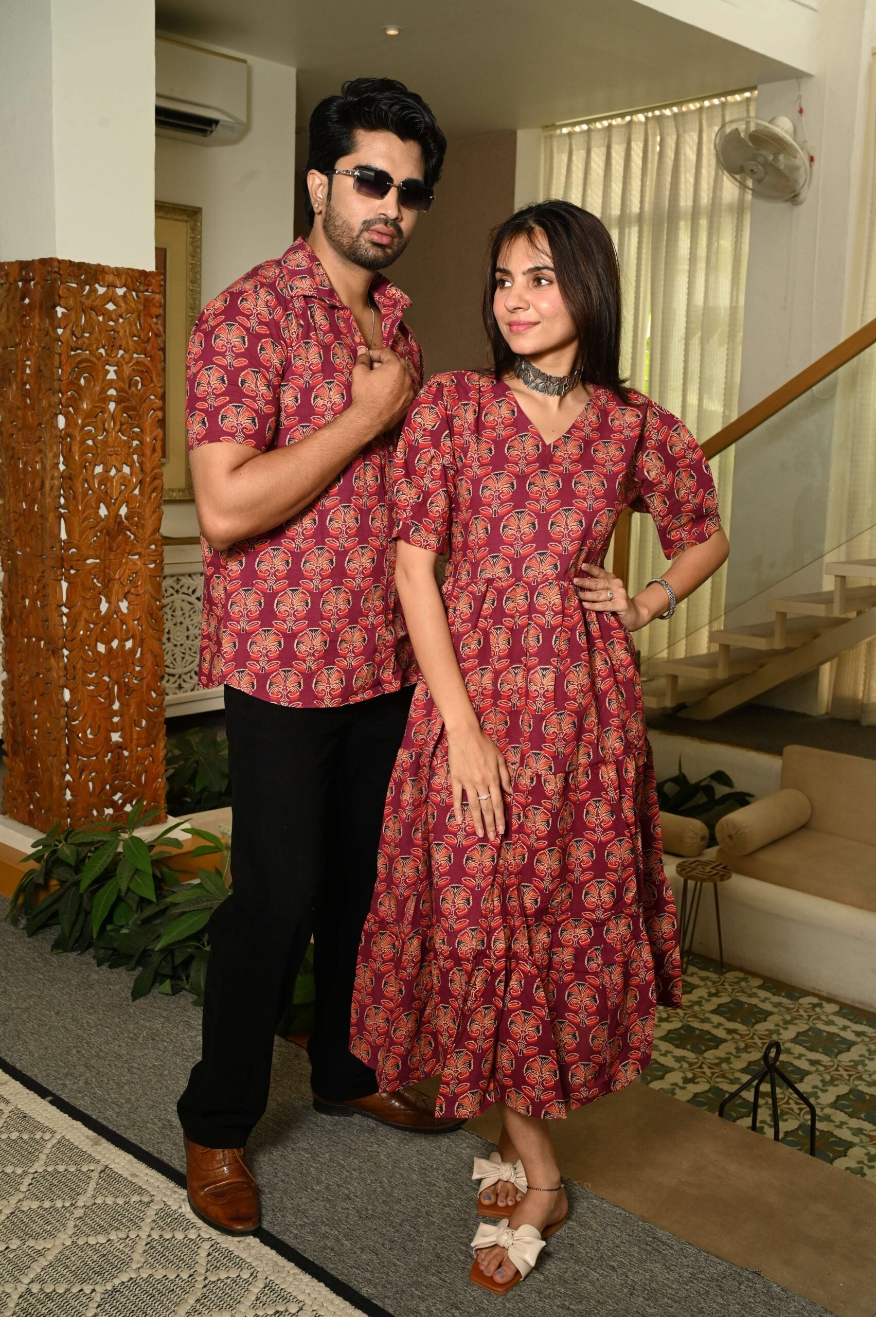 Couple Matching Red Cotton Anarkali Midi Dress and Shirt Set ? Floral Block Print