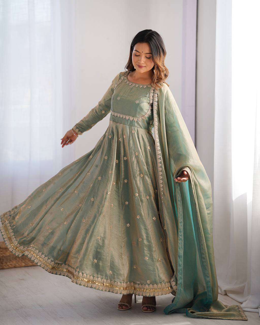 Women's Fandy Silk Coding with Sequnce work Long Anarkali Kurti Gown With Dupatta