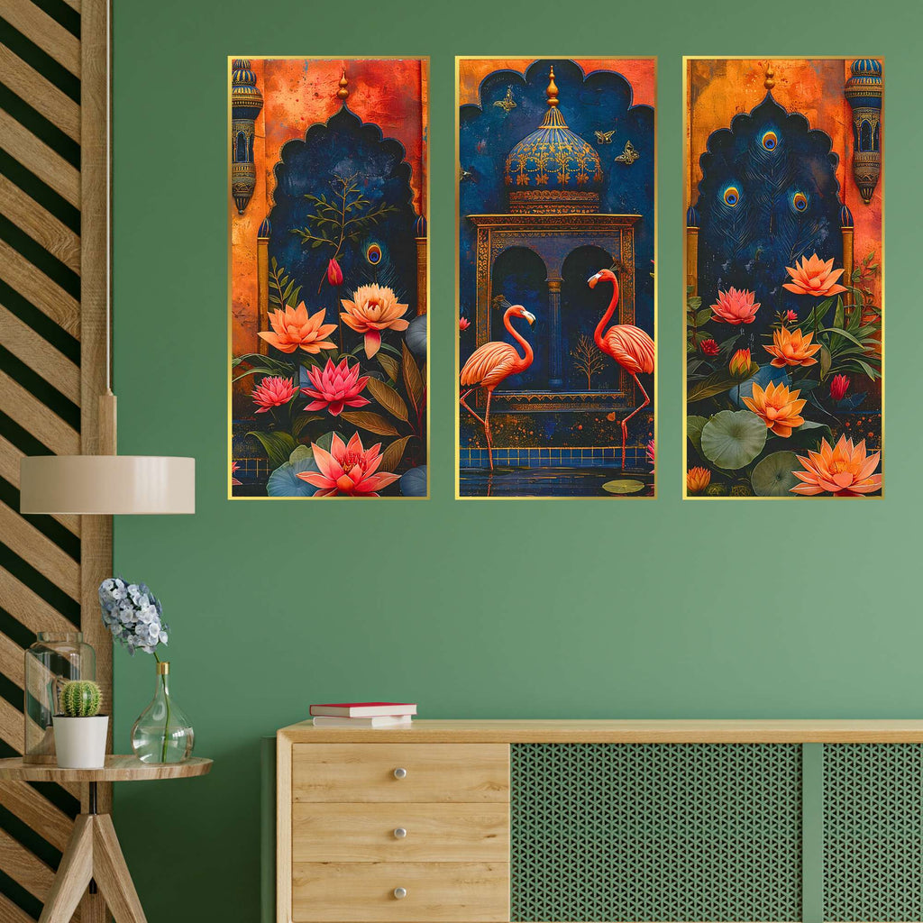 Set of Three large Wall Paintings for Wall Dacoration Golden Framed Wall Paintings for Living Room & Bedroom Wall Art for Home Decoration & Office Wall Décor (14x11 inch CH-LGD3-1)