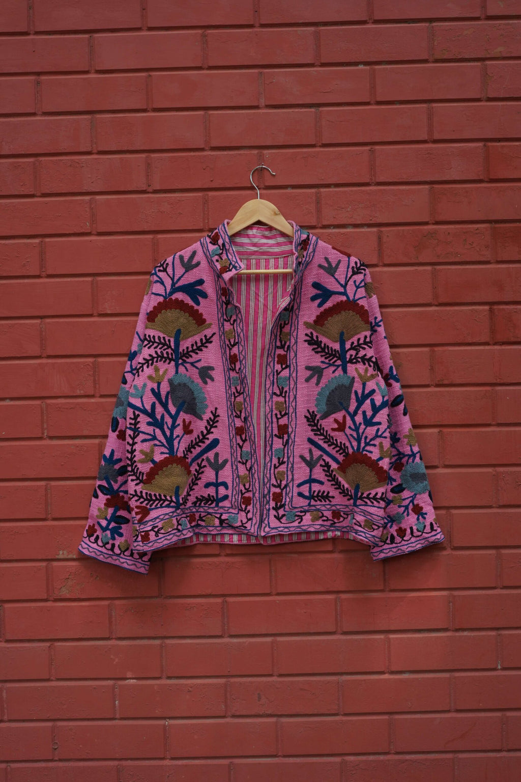 Womens Pink Velvet Embroidered Jacket with Floral Design
