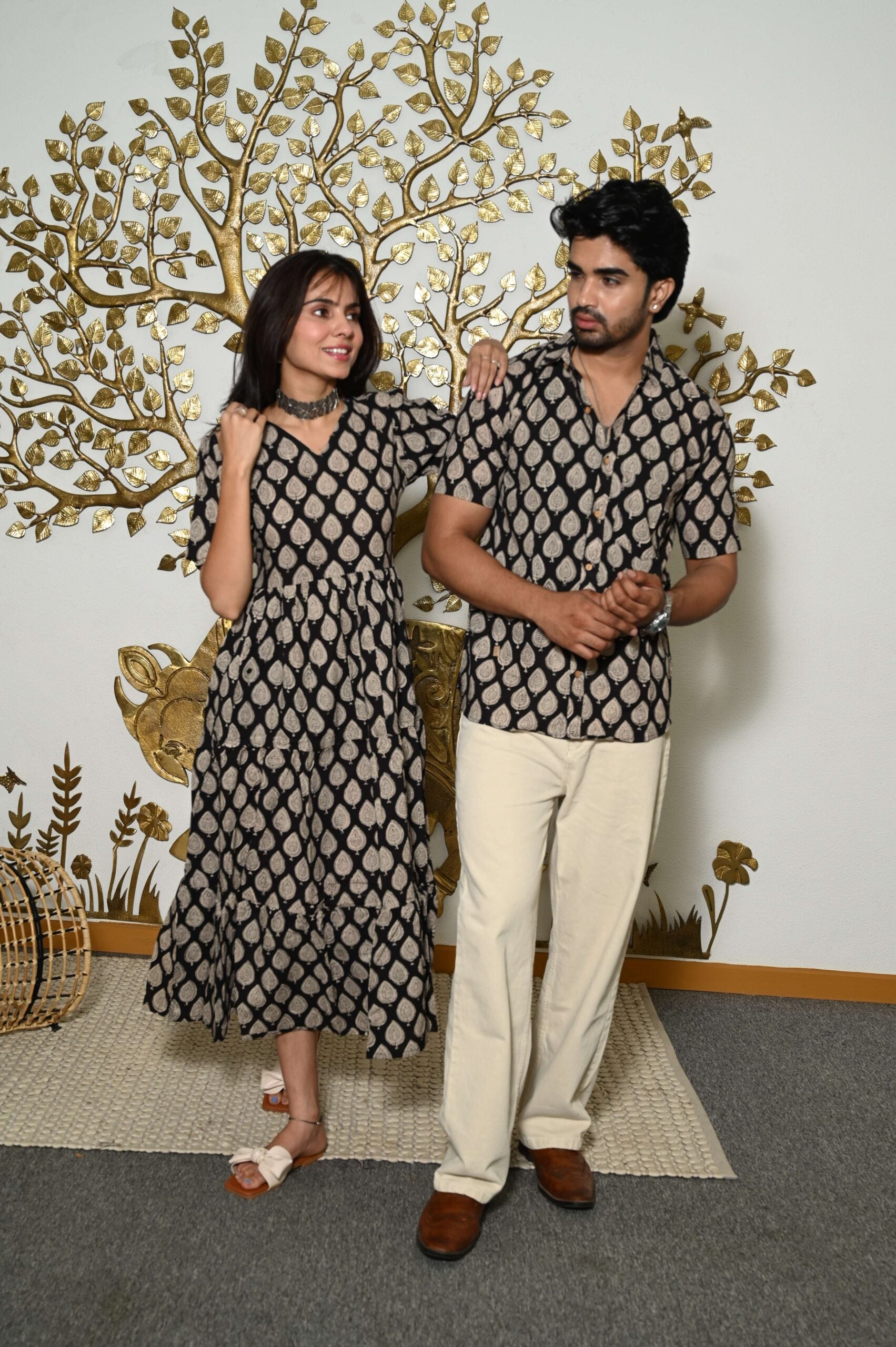 Couple Matching Black & Beige Cotton Anarkali Midi Dress and Shirt Set ? Leaf Print Twinning Outfit