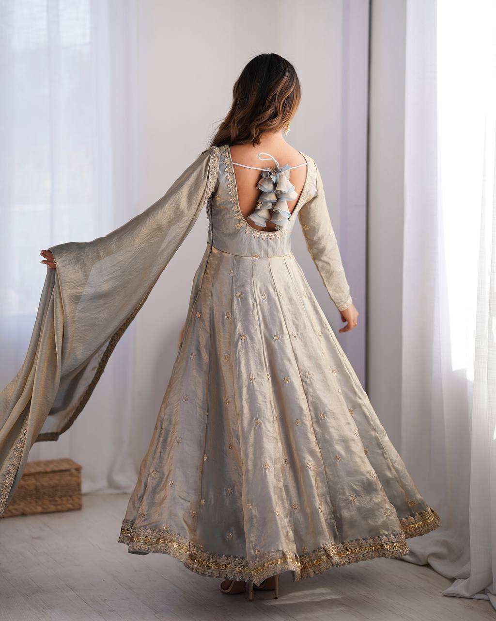 Women's Fandy Silk Coding with Sequnce work Long Anarkali Kurti Gown With Dupatta