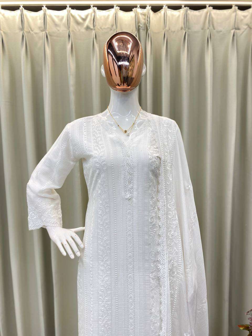 Women's Chinon Silk with Cotton Thread Embroidery Straight Kurti With Pant and Dupatta set