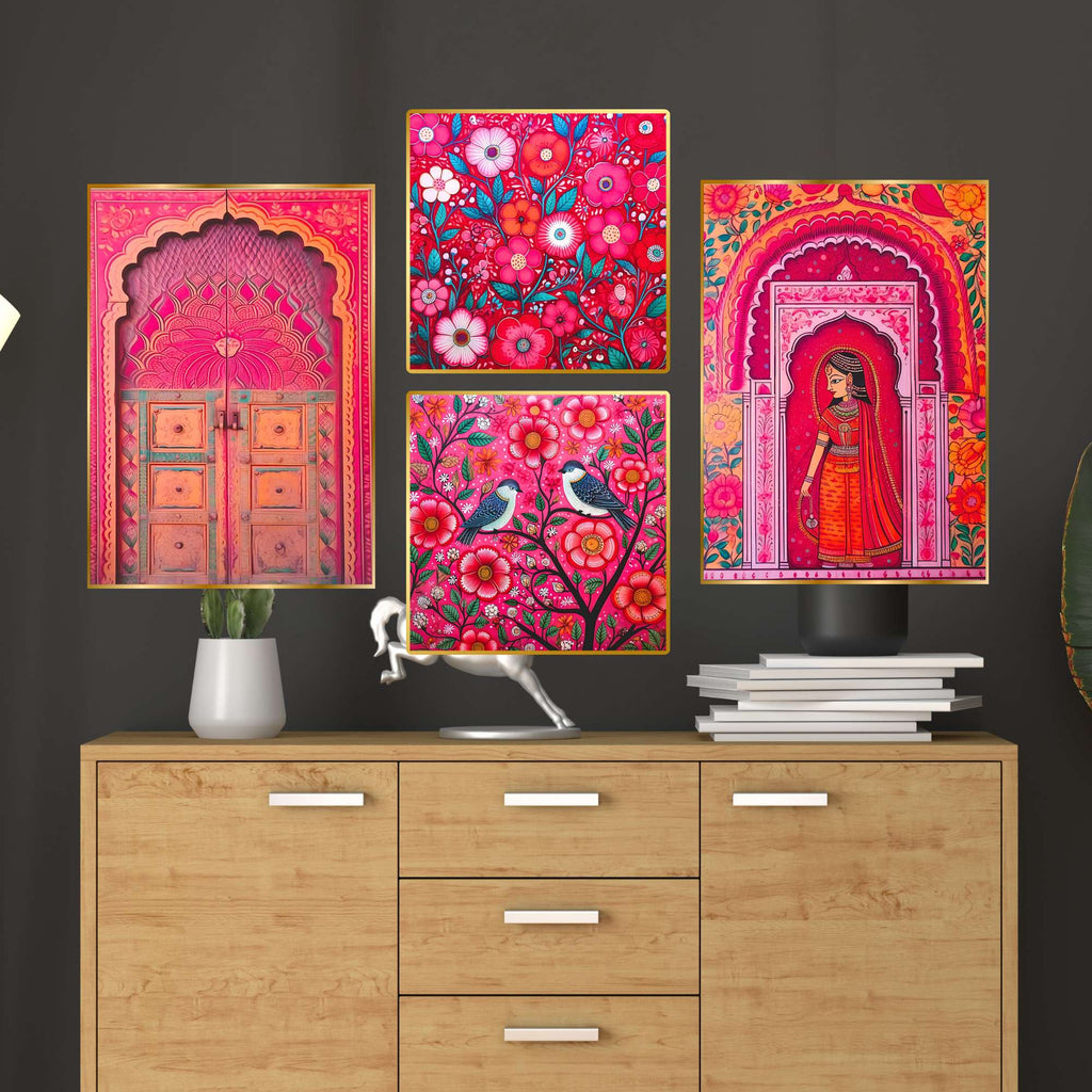 Set of Four Wall Paintings for Wall Dacoration Golden Framed Wall Paintings for Living Room & Bedroom Wall Art for Home Decoration & Office Wall Décor (13x10 inch CH-GD4-1)
