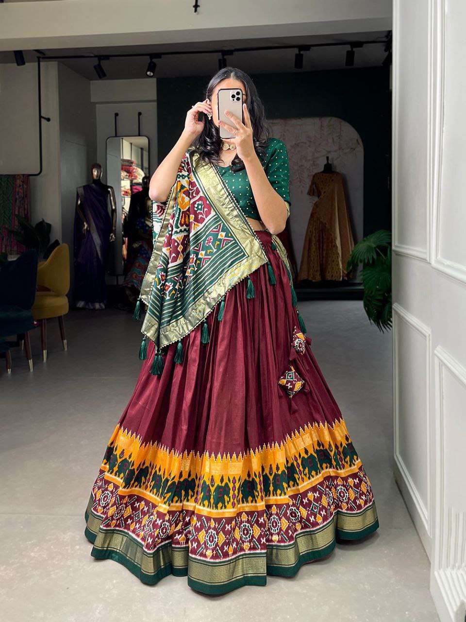 Women's Tussar Silk Patola Print Lehenga Choli Dupatta Set
