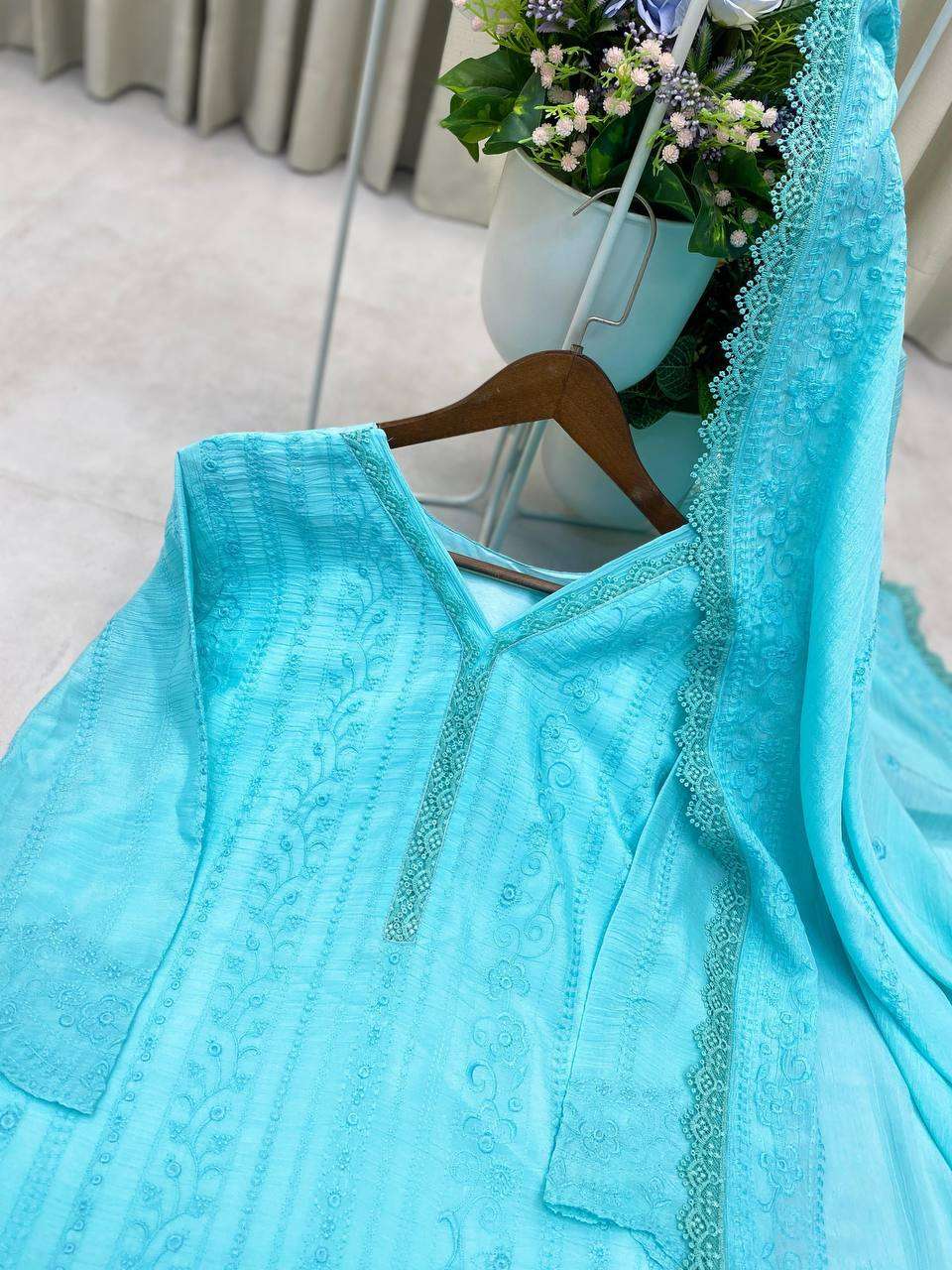 Women's Chinon Silk with Cotton Thread Embroidery Straight Kurti With Pant and Dupatta set