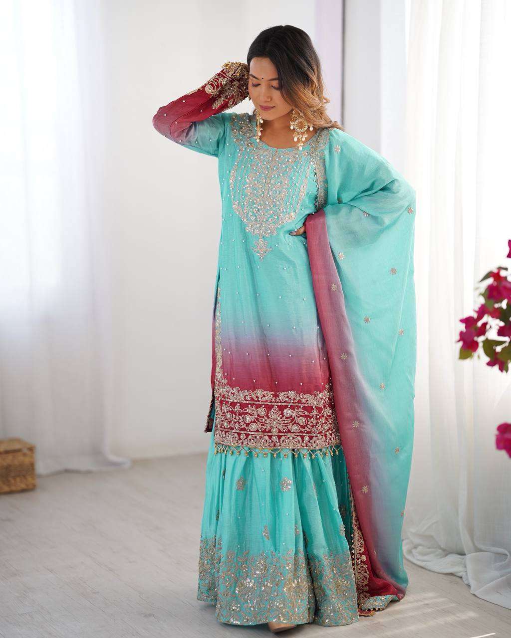 Women's Chinon Silk Sequence With Rivet Moti Work Straight Kurta With Sharara and Dupatta Set