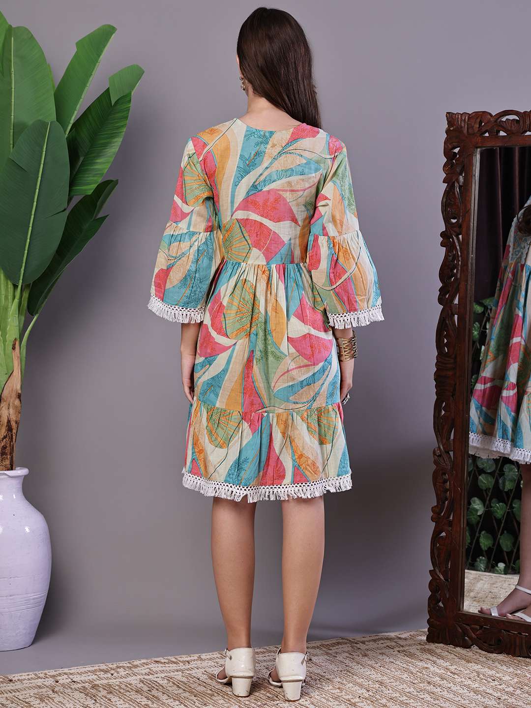 Wome's Multicolor Printed Cotton A-Line Dress with Embroidered Yoke Midi Dresses