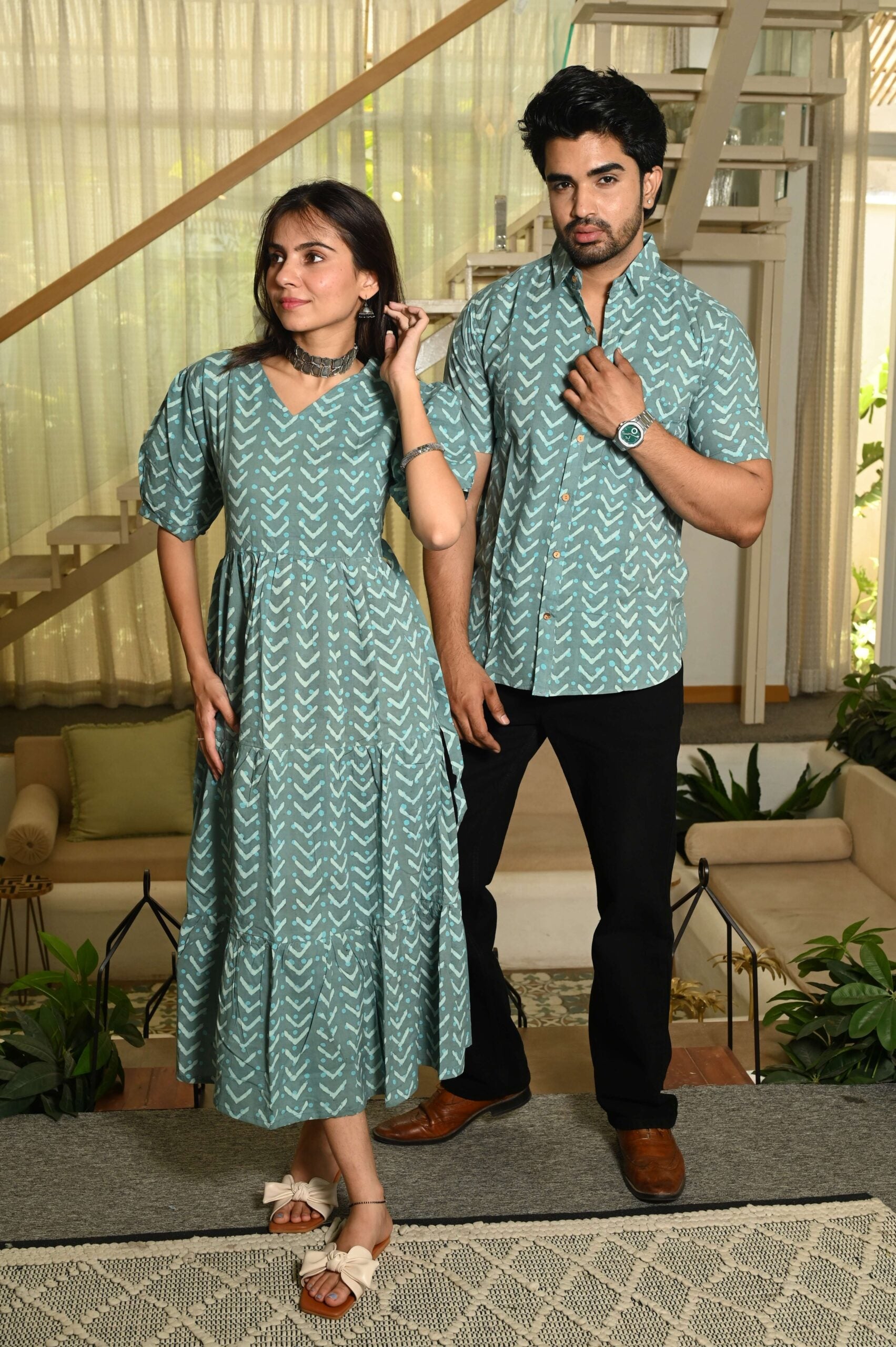 Couple Matching Green Cotton Anarkali Midi Dress and Shirt Set ? Arrow Print