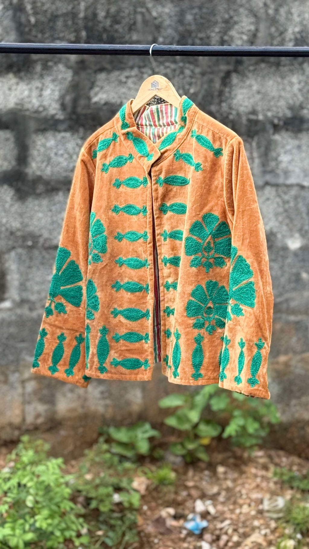 Womens Rust Velvet Embroidered Jacket with Floral Design