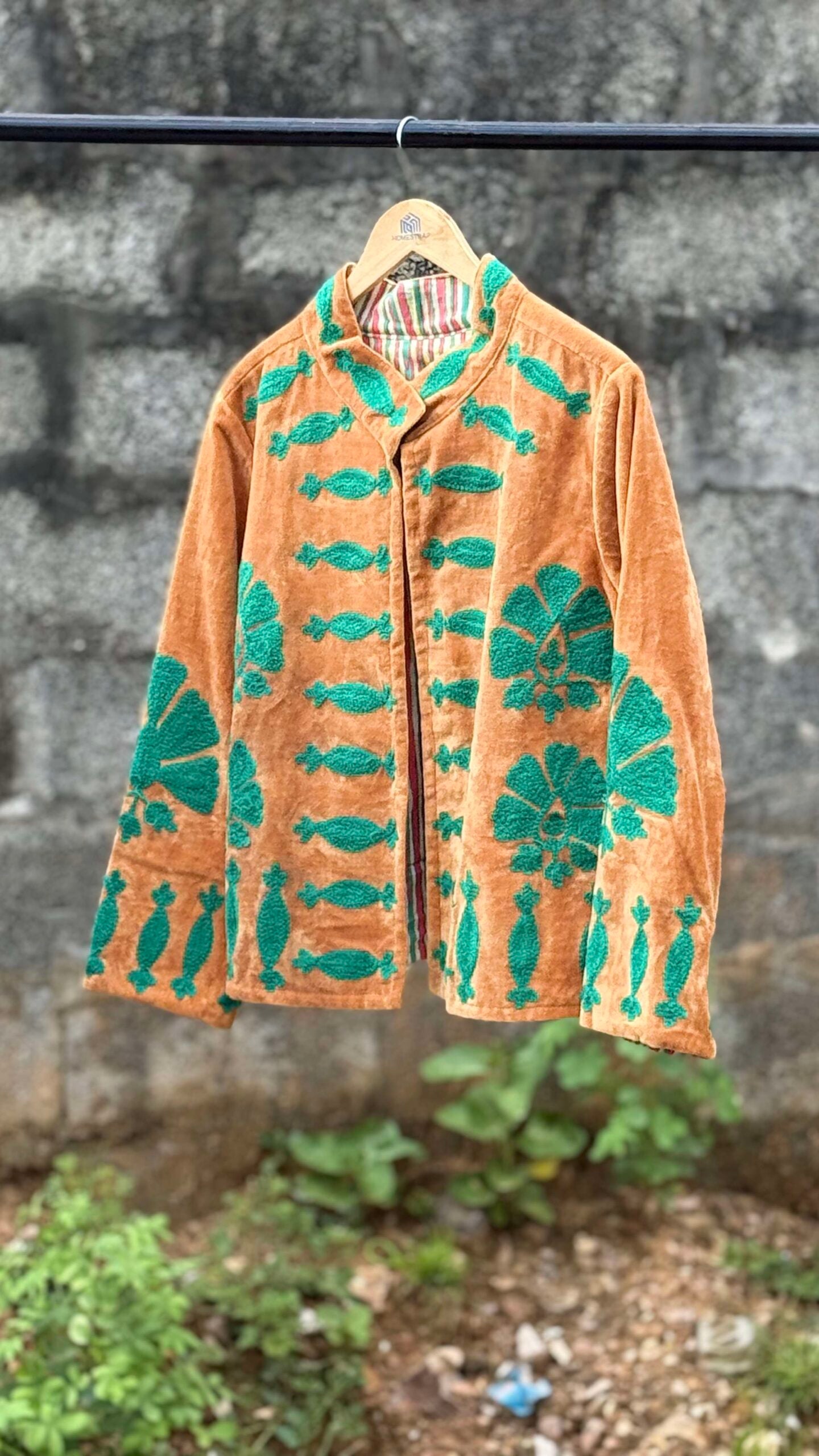 Womens Rust Velvet Embroidered Jacket with Floral Design