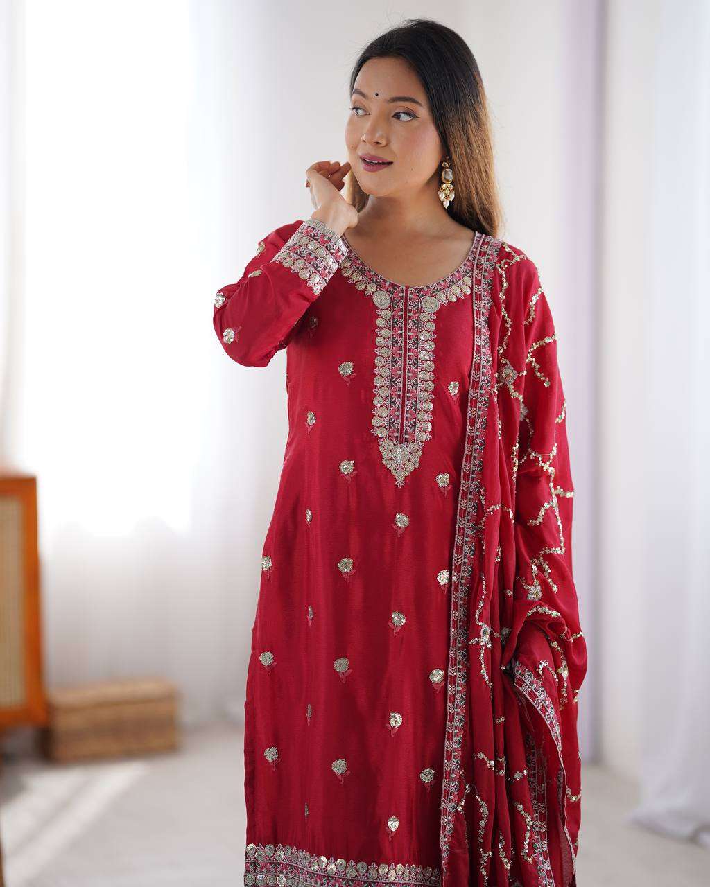 Women's Chinon Silk Embroidered Straight Kurti with Pant And Dupatta Set