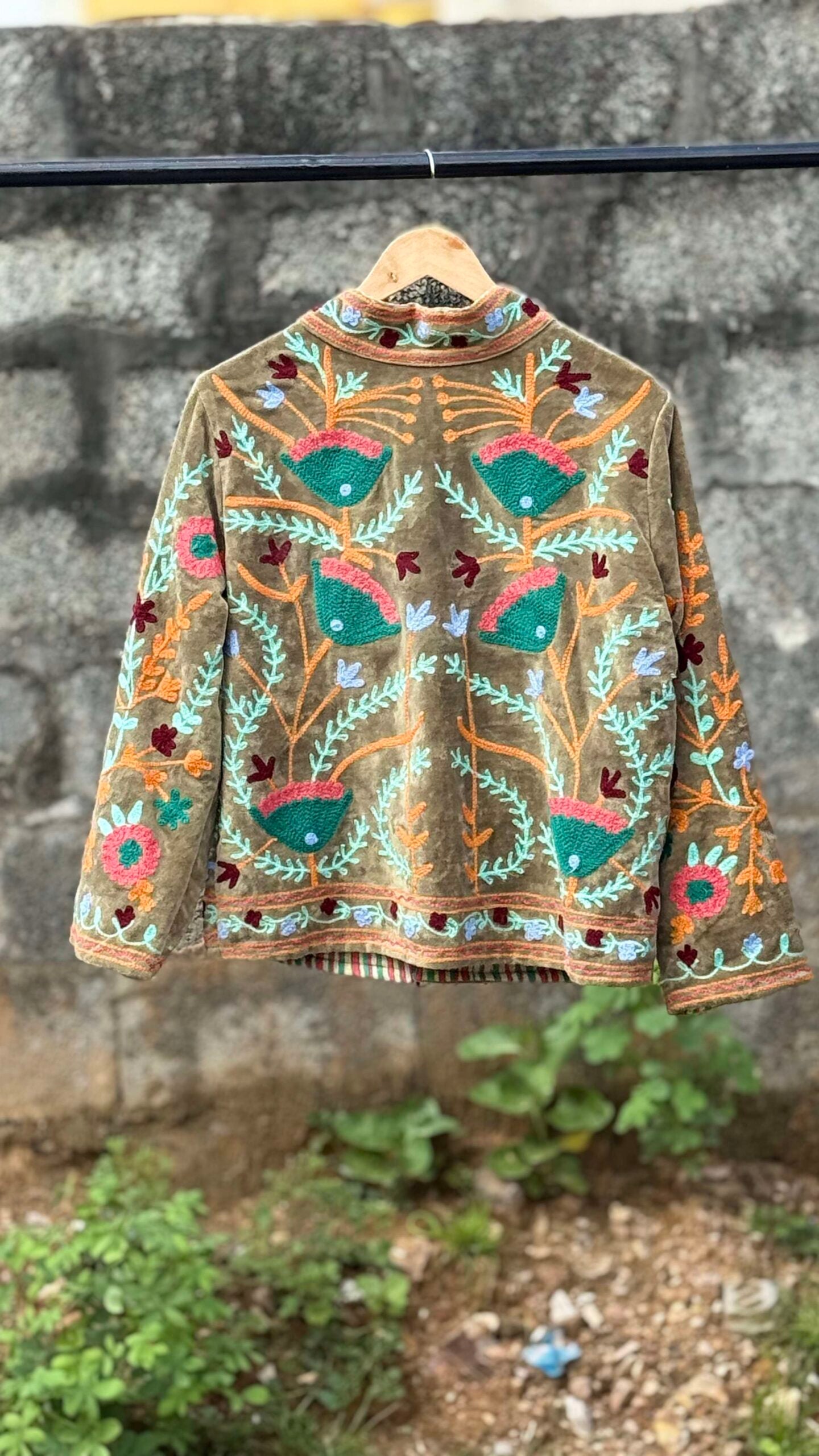 Womens Olive Green Velvet Embroidered Jacket with Floral Design