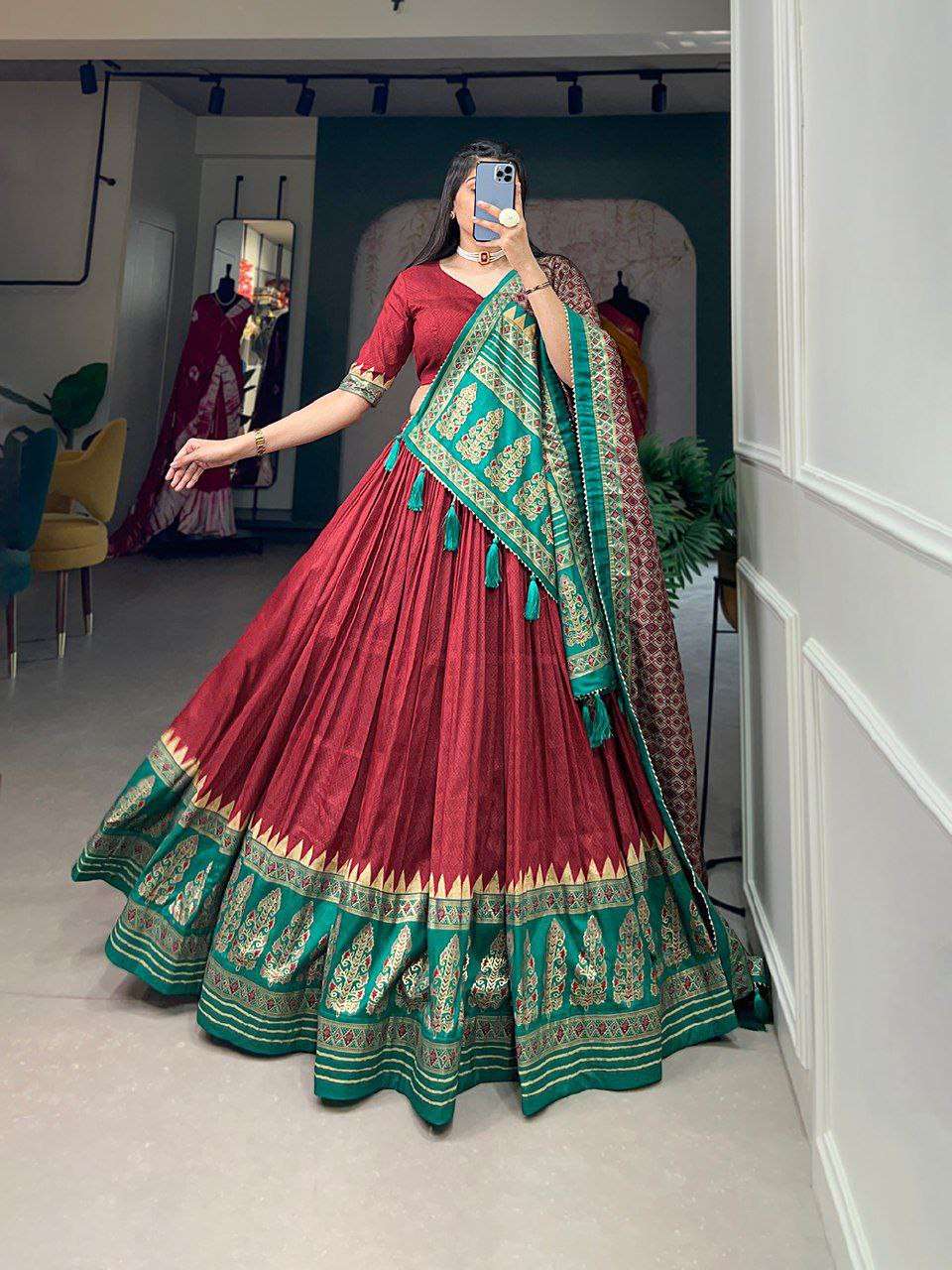 Women's Stitched Ethnic Lehenga Choli with Zari Border and Contrast Dupatta