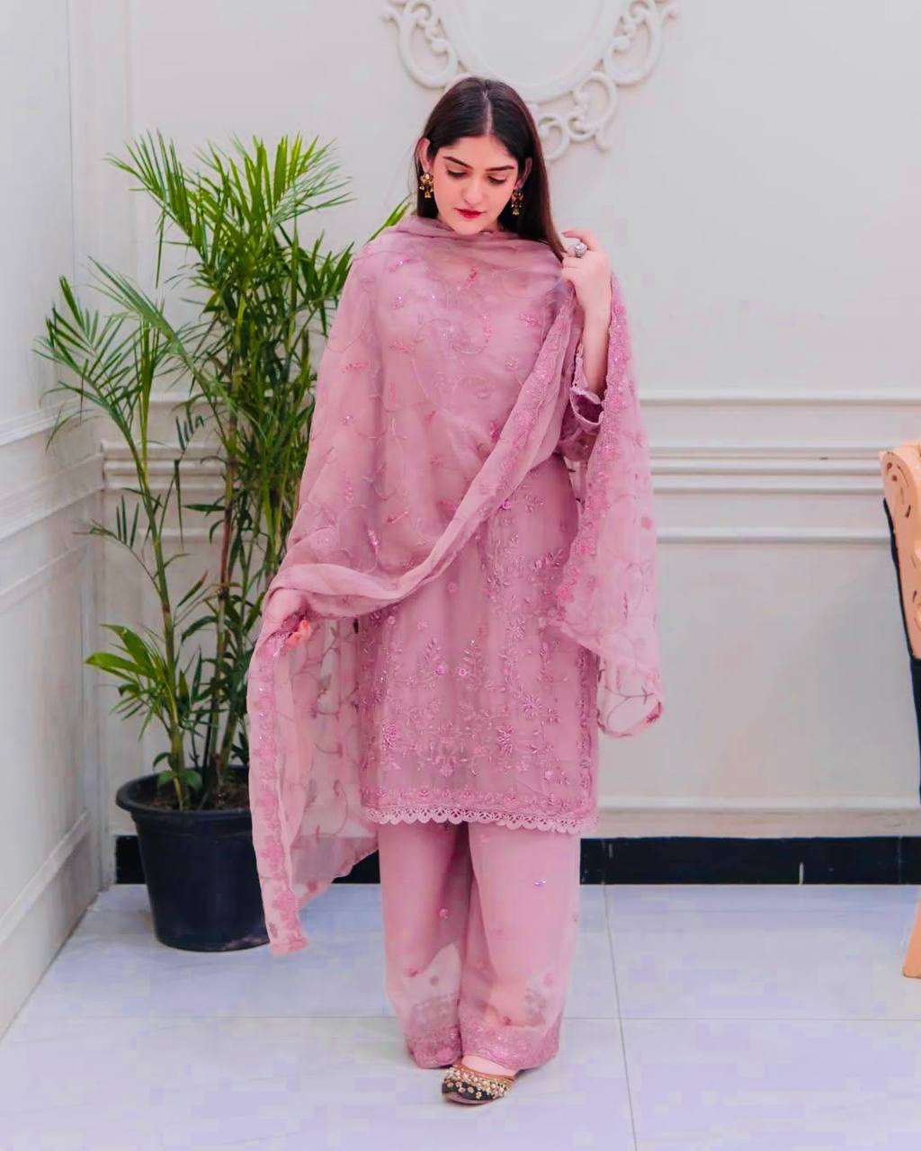 Women's Faux Georgette Embroidery work Straight Kurti With Pant and Dupatta Set