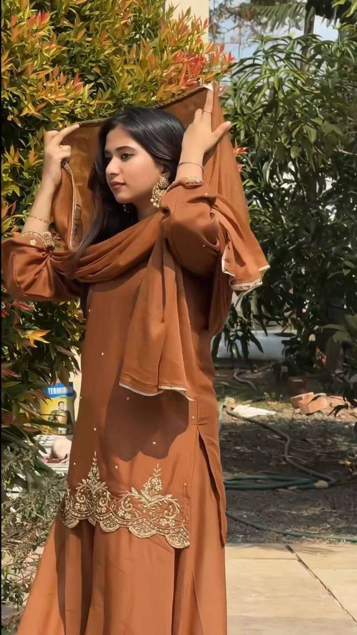 Women's Georgette Sequence Moti Work Straight Kurti With Salwar and Dupatta Set