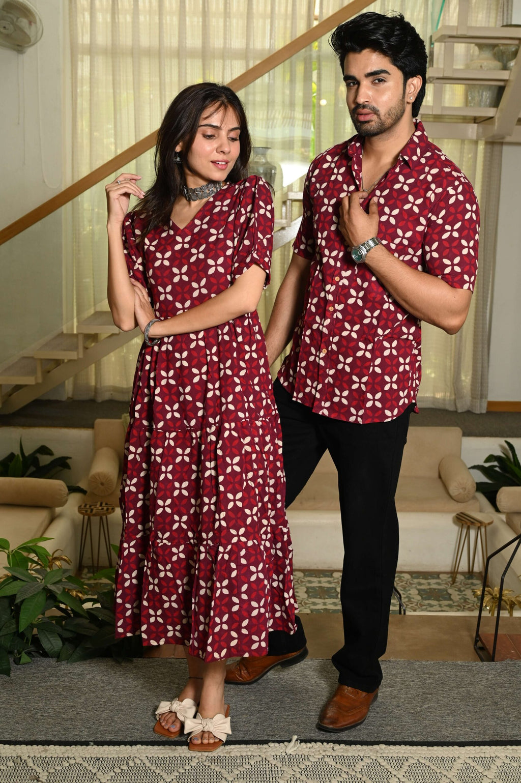 Couple Matching Maroon Cotton Anarkali Midi Dress and Shirt Set ? White Floral Print