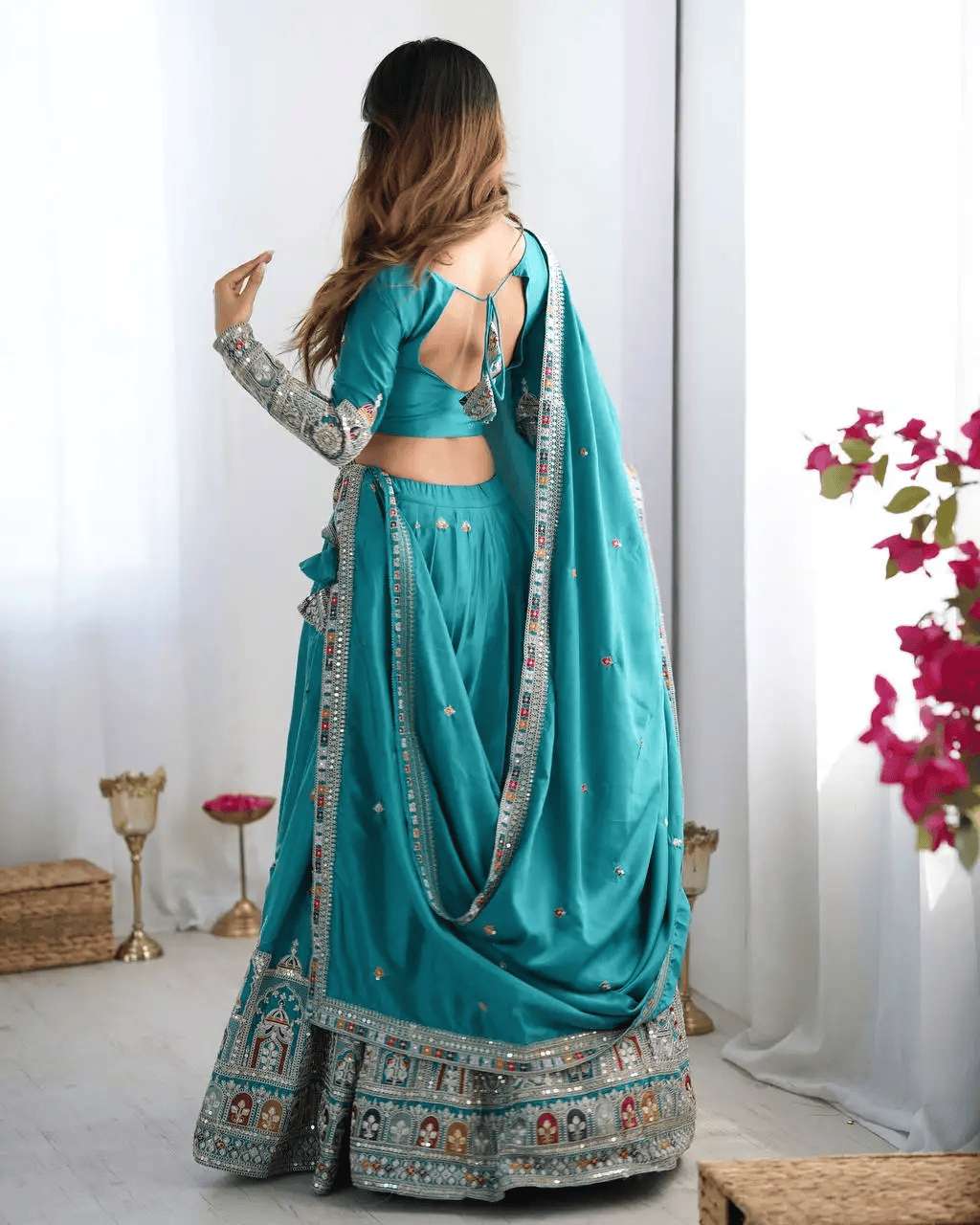 Women's Crepe Silk Sequence Embroidery and Zari Work Rajsthani Lehenga Choli with Dupatta