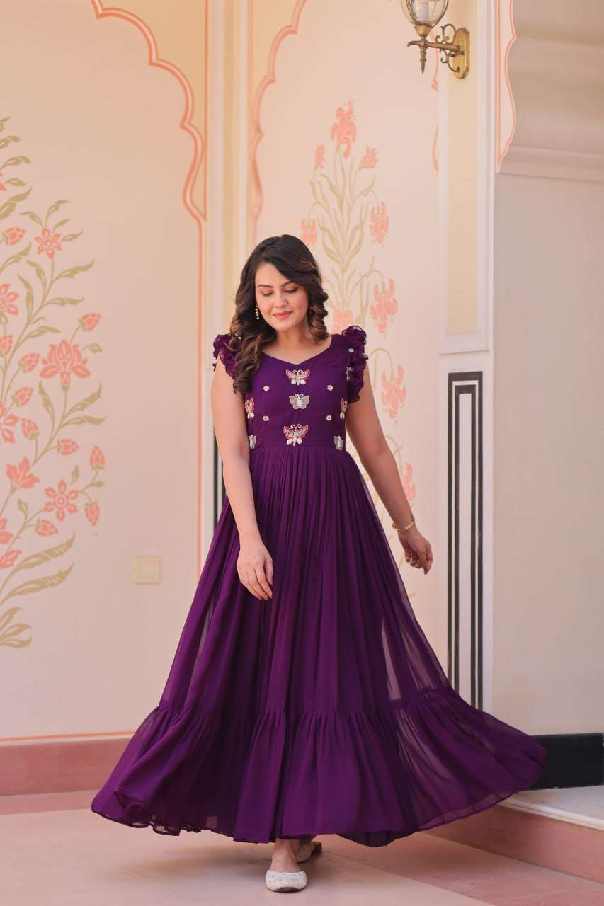 Women's Elegant Plum Purple Georgette Anarkali Gown with Butterfly Applique & Ruffle Sleeves – Festive & Special Occasion Wear