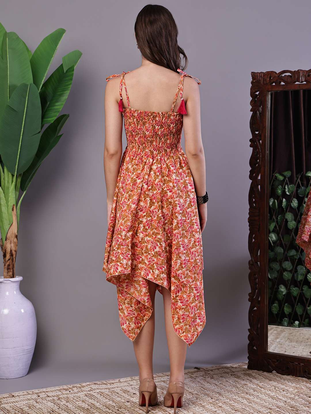 Women's MultiColor Floral Printed Cotton Handkerchief Hem Dress Midi Dresses