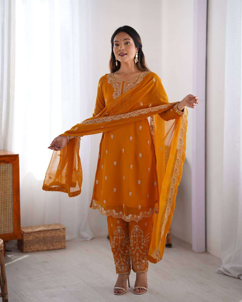Women's Georgette Embroidery Straight Kurti with Pant And Dupatta Set