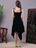 Women's Bottle Green Junglee Pattern Velvet Handkerchief Hem Dress Midi Dresses