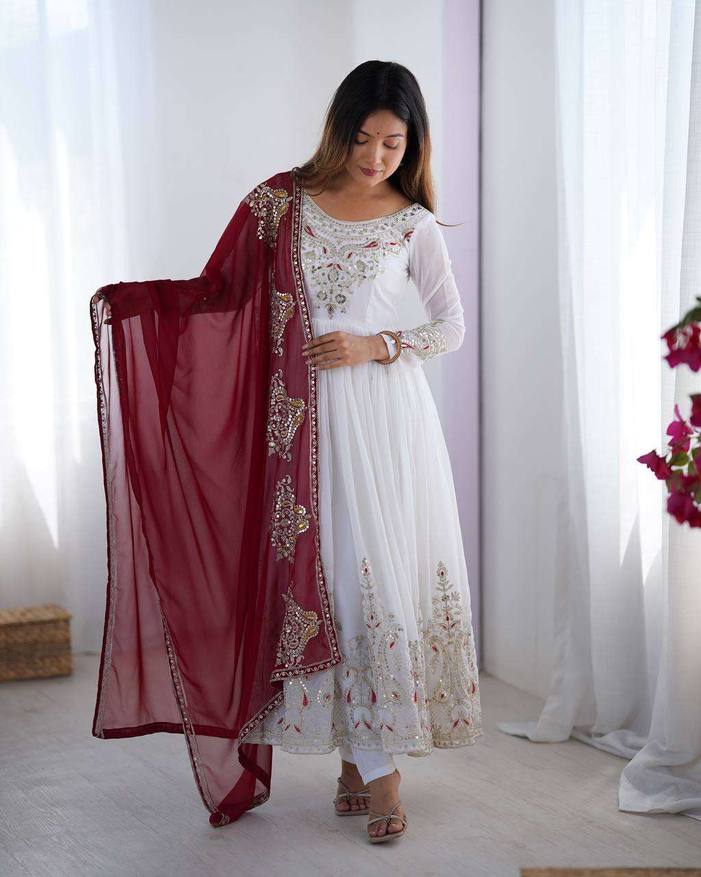 Women's Georgette Embroidery Sequence Work Anarkali Kurti With Dupatta Set