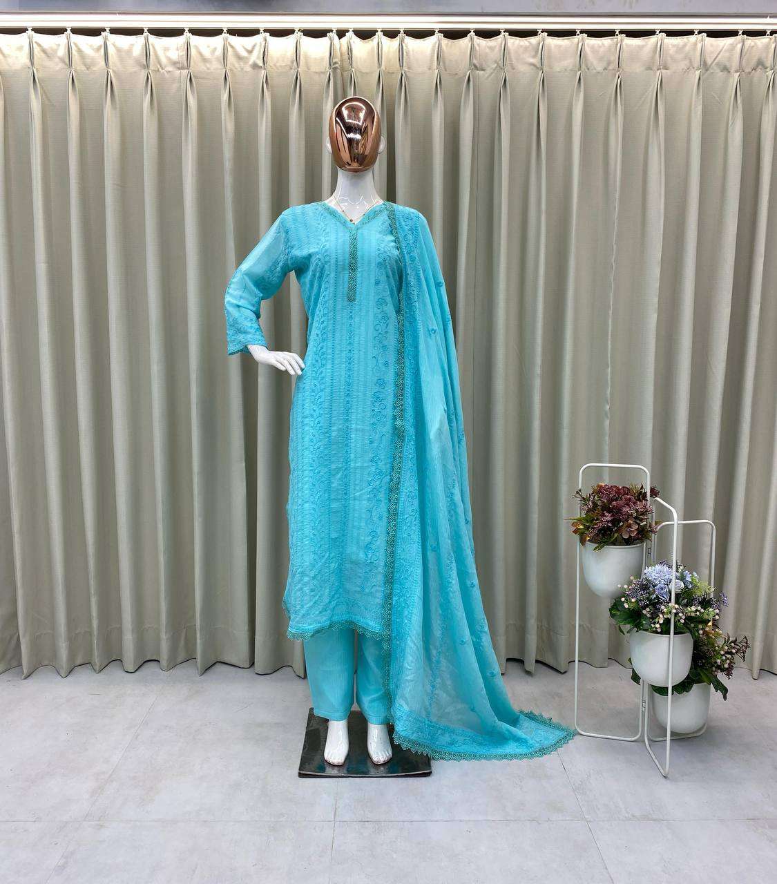 Women's Chinon Silk with Cotton Thread Embroidery Straight Kurti With Pant and Dupatta set