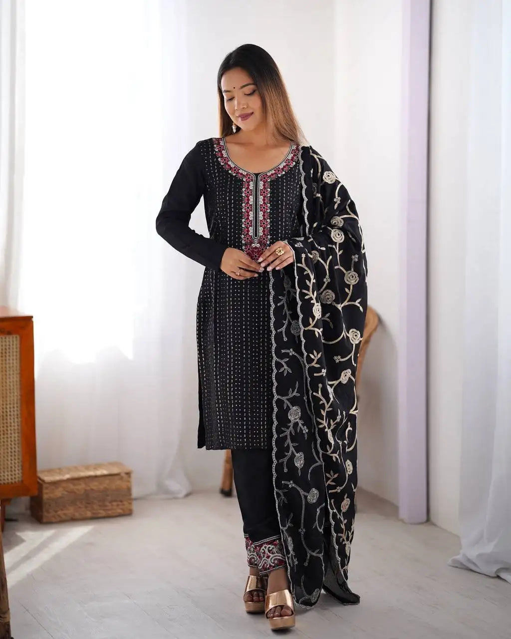 Women's Chinon Silk Sequence And Thread Work Straight Kurti With Pant and Dupatta Set