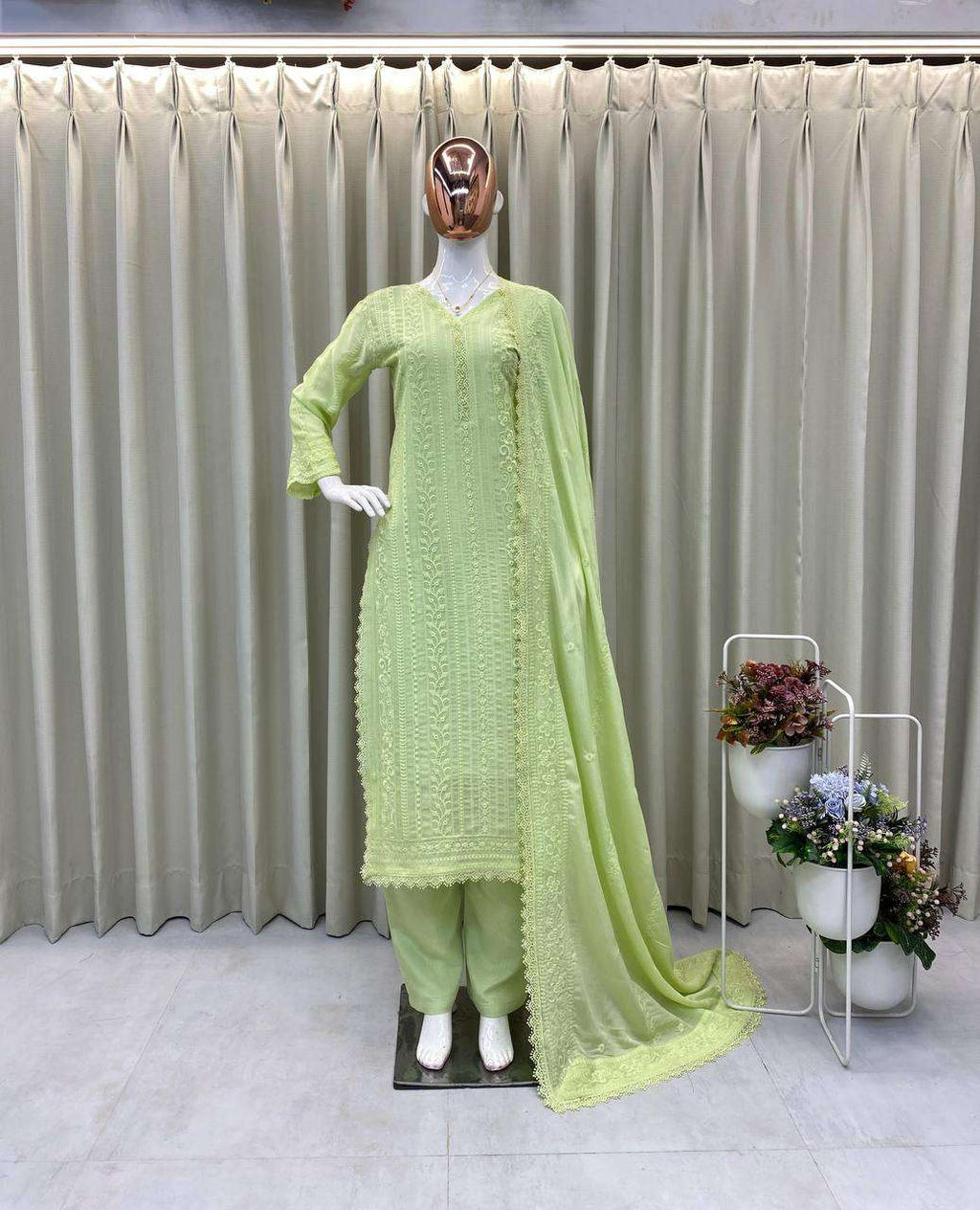 Women's Chinon Silk with Cotton Thread Embroidery Straight Kurti With Pant and Dupatta set