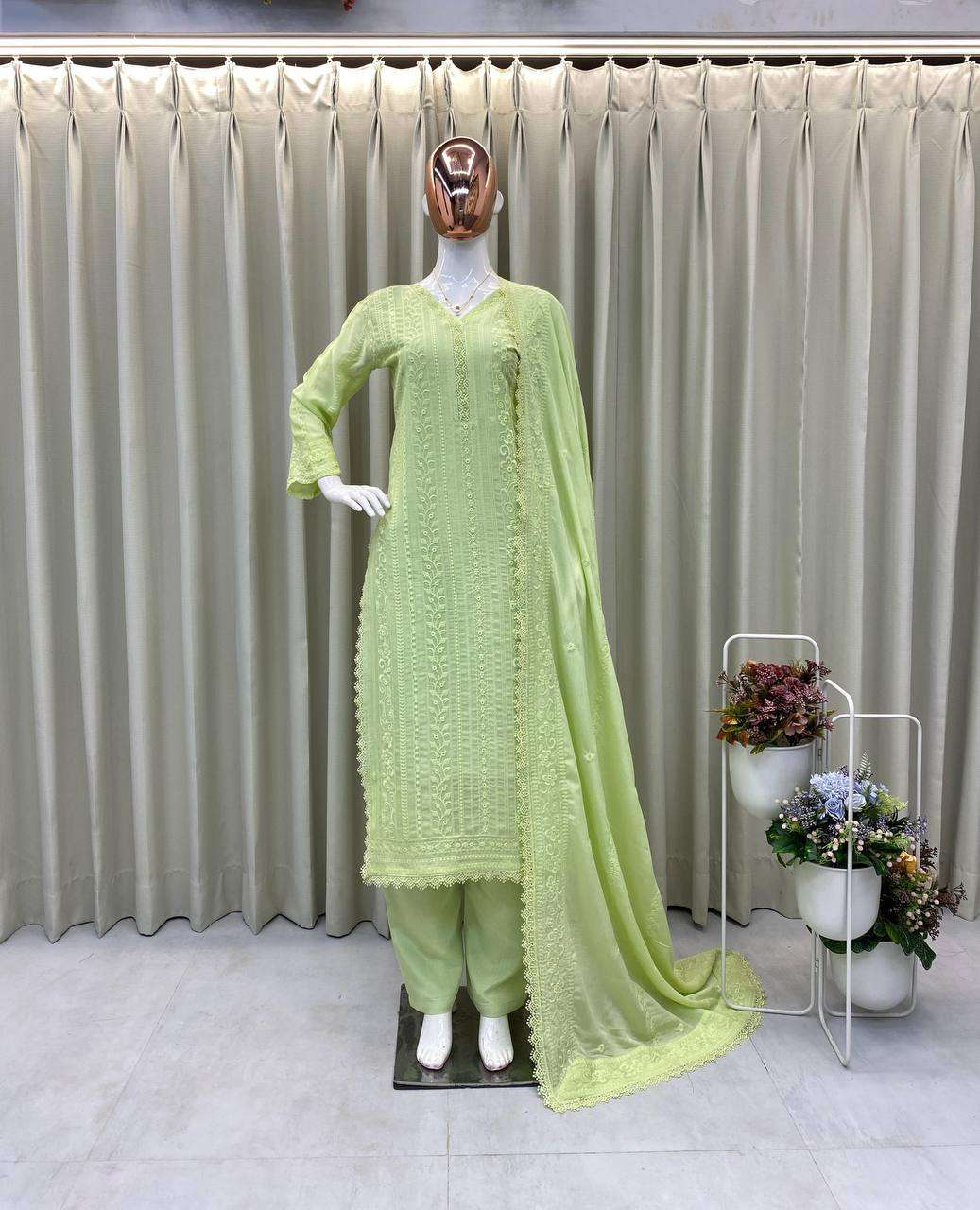 Women's Chinon Silk with Cotton Thread Embroidery Straight Kurti With Pant and Dupatta set