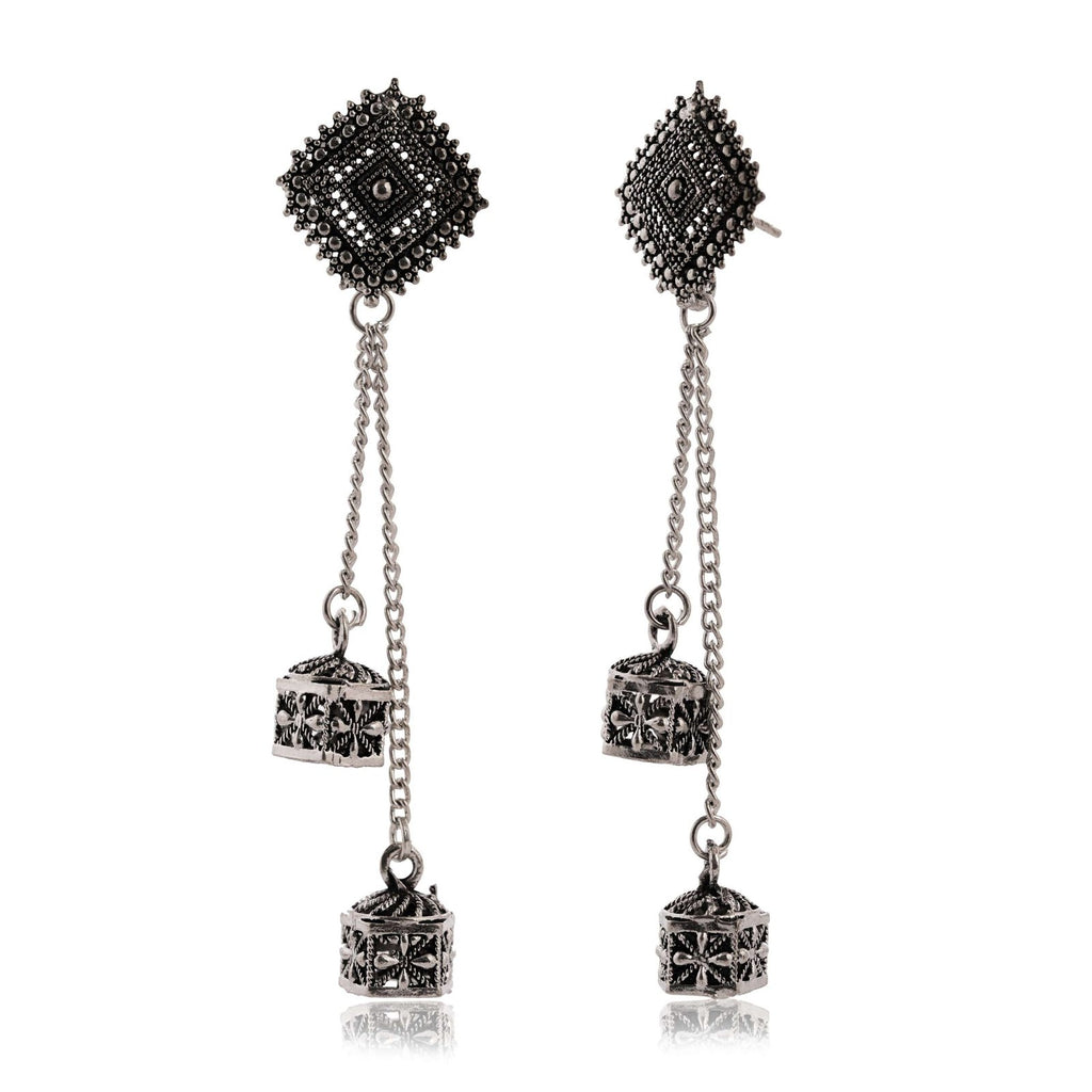 Women's Silver Circle Long Two AZ838-OXidised Unique Western Earrings for Women Party Wear