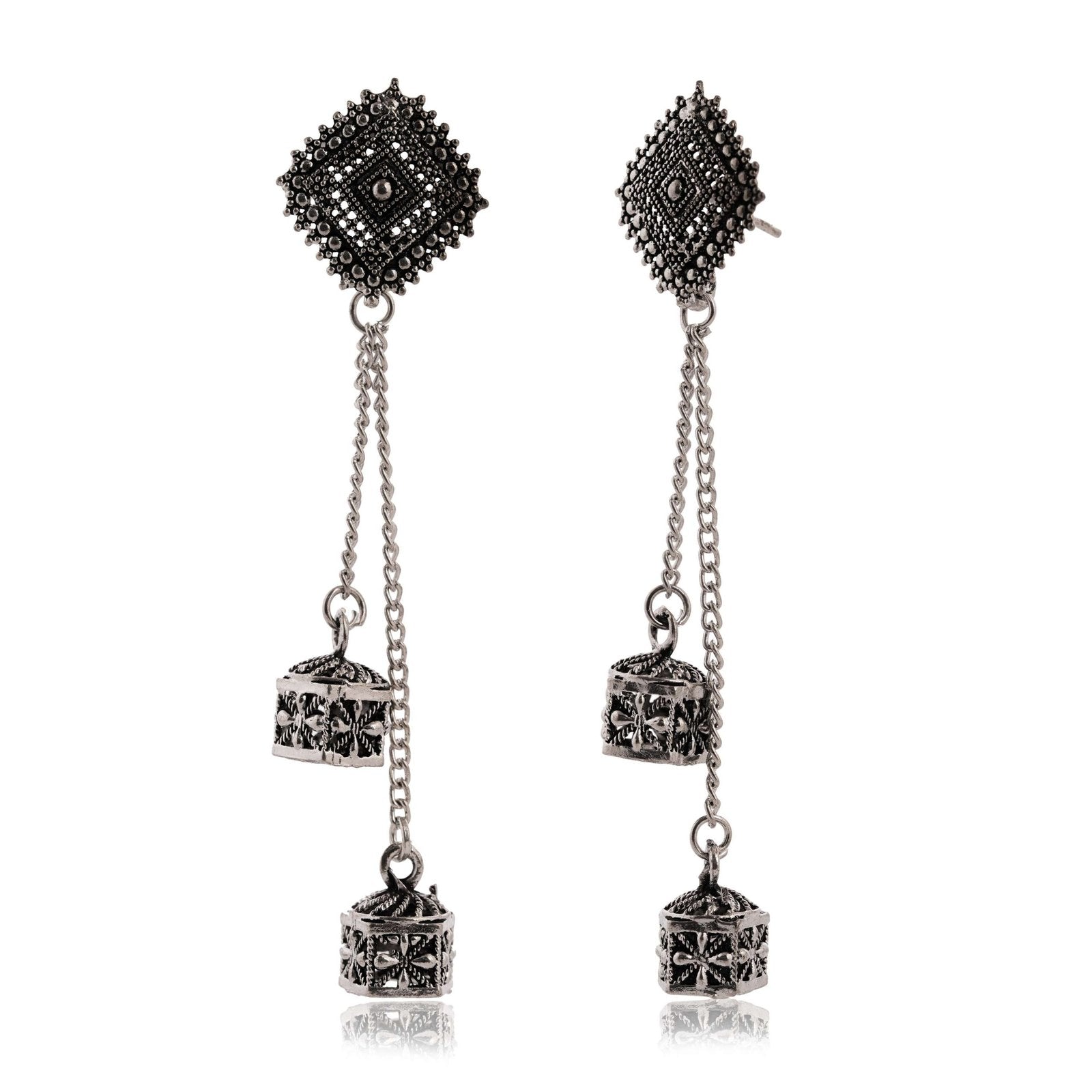 Women's Silver Circle Long Two AZ838-OXidised Unique Western Earrings for Women Party Wear