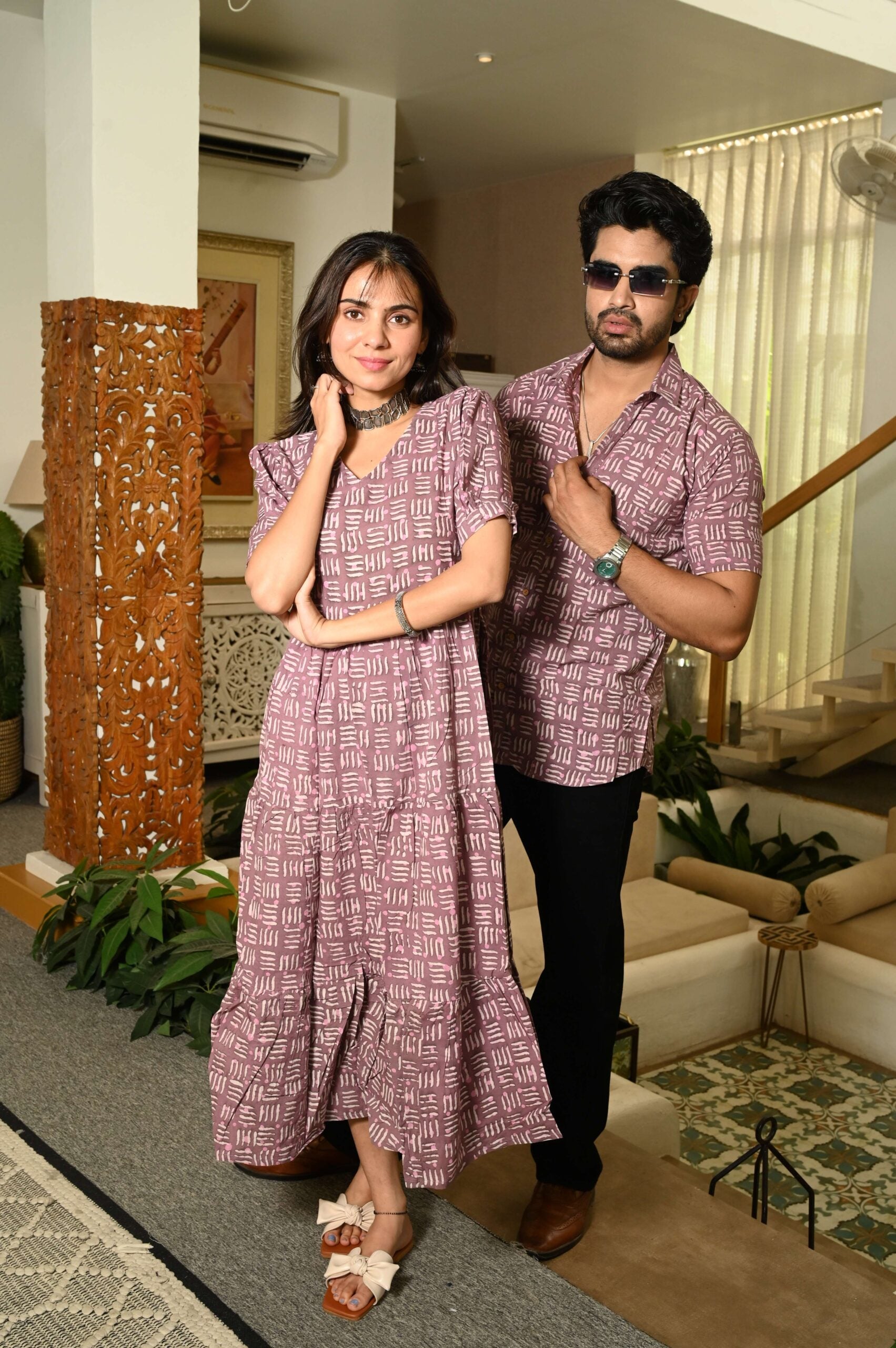 Couple Matching Mauve Cotton Anarkali Midi Dress and Shirt Set ? Abstract Line Print