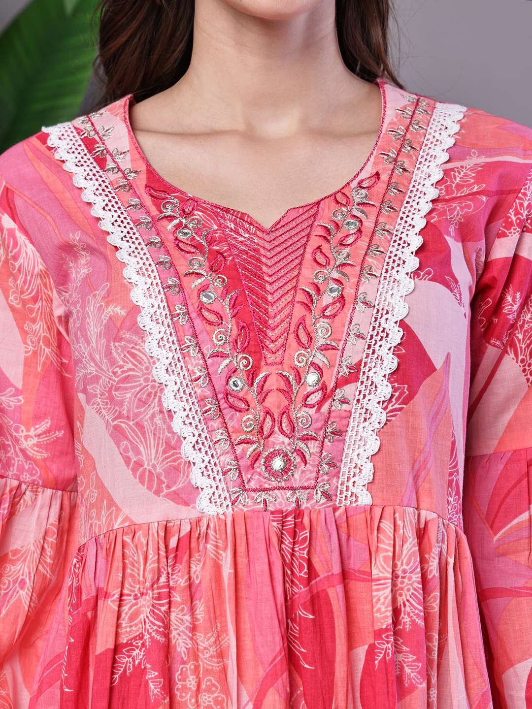 Wome's Pink Floral Printed Cotton A-Line Dress with Embroidered Yoke Midi Dresses