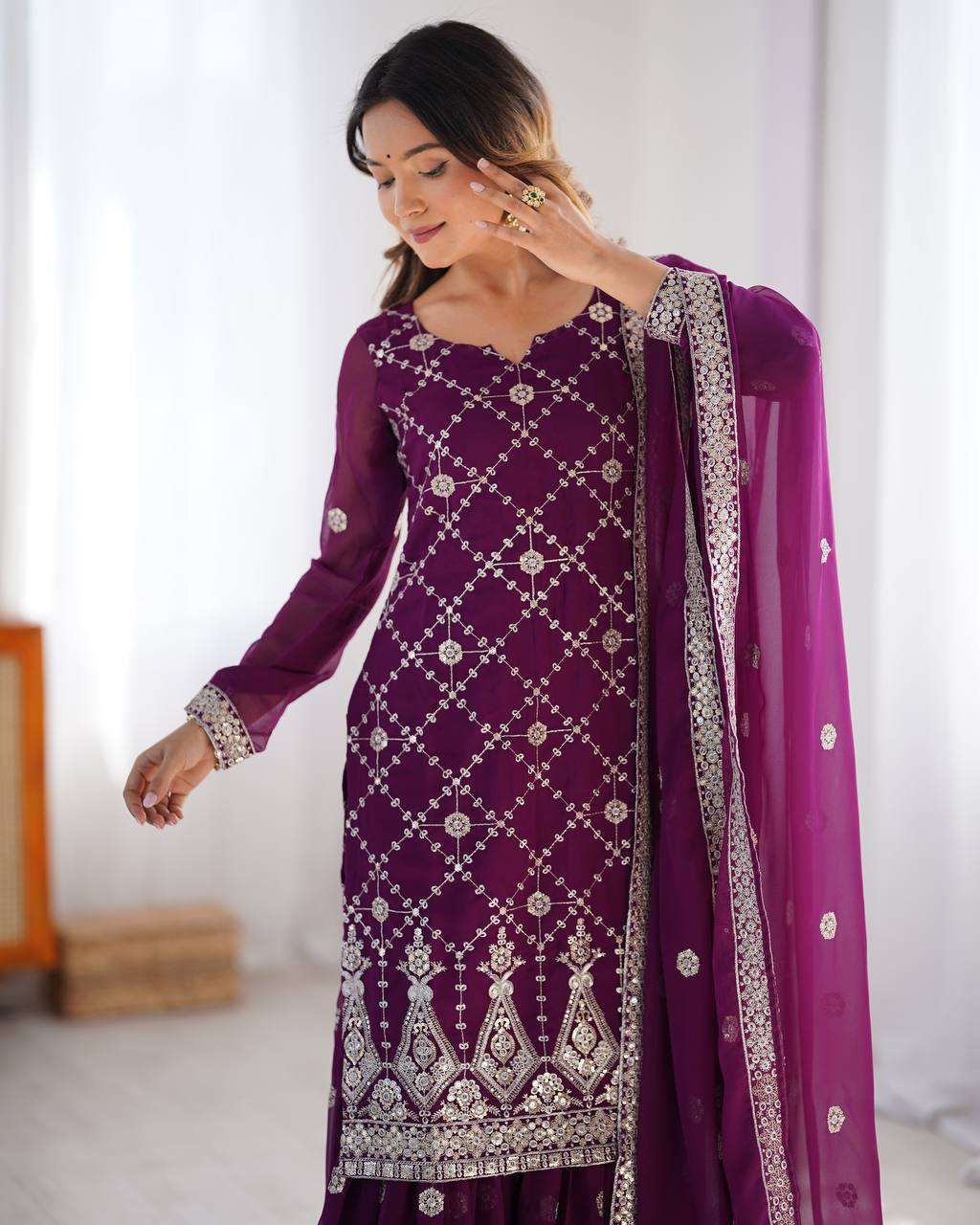 Women's Georgette Embroidery Work Straight Kurta With Sharara Suit and Dupatta Set