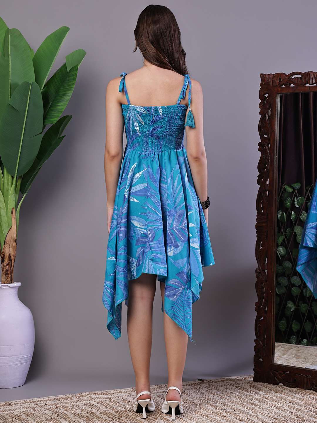 Women's Blue Printed Asymmetrical Hem Smocked A-Line Dress Midi Dresses