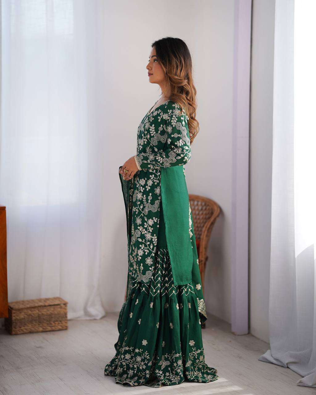 Women's Chinon Silk Embroidery Sequence Work Straight Kurti With Sharara Suit and Dupatta Set