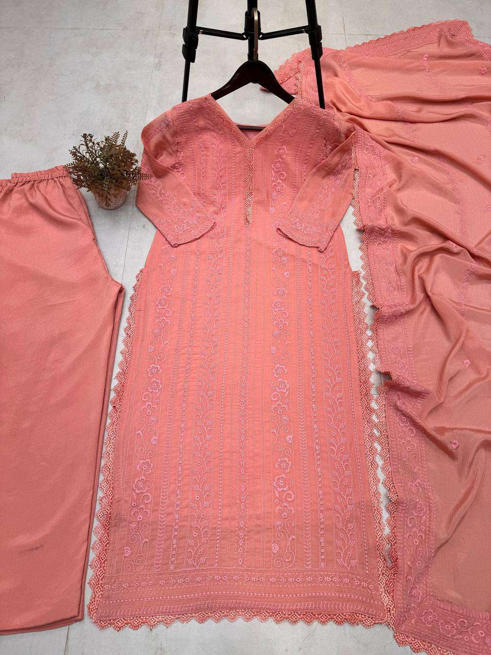 Women's Chinon Silk with Cotton Thread Embroidery Straight Kurti With Pant and Dupatta set