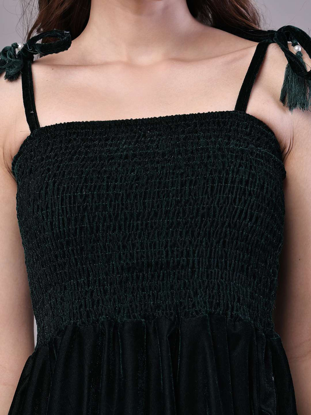 Women's Bottle Green Junglee Pattern Velvet Handkerchief Hem Dress Midi Dresses