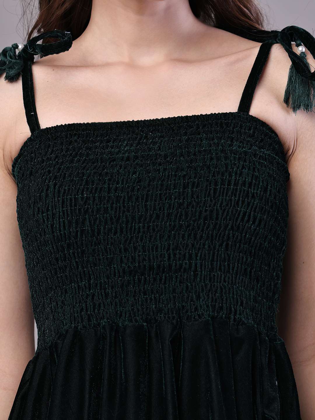 Women's Bottle Green Junglee Pattern Velvet Handkerchief Hem Dress Midi Dresses