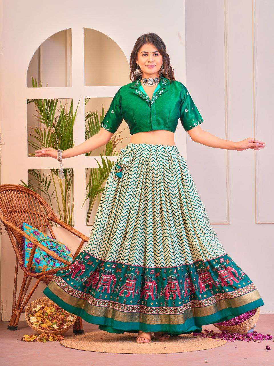 Women's Tussar Silk Patola Print Lehenga Choli Set with Foil Work