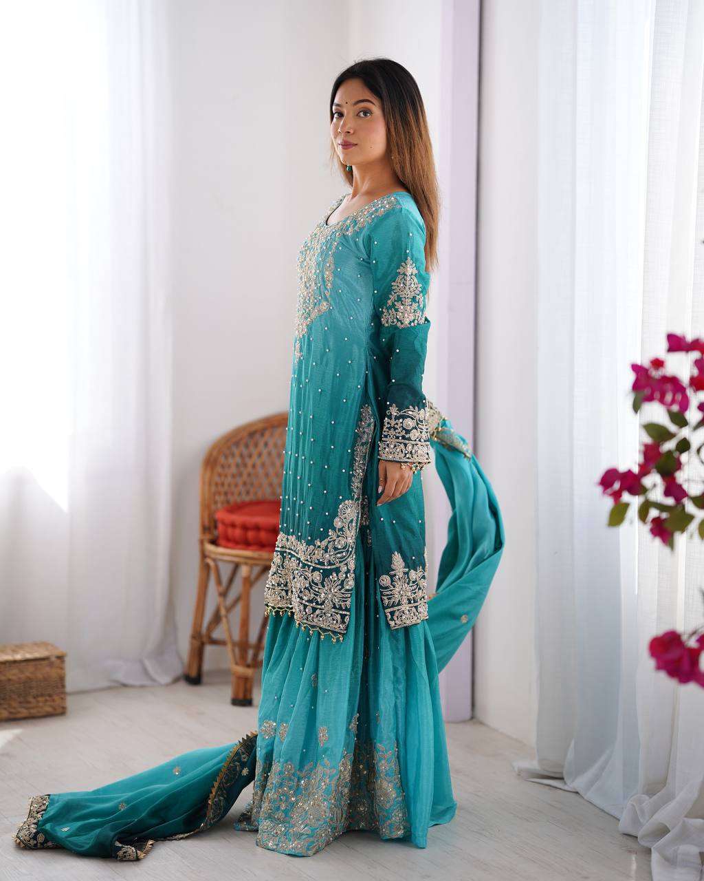 Women's Chinon Silk Sequence With Rivet Moti Work Straight Kurta With Sharara and Dupatta Set